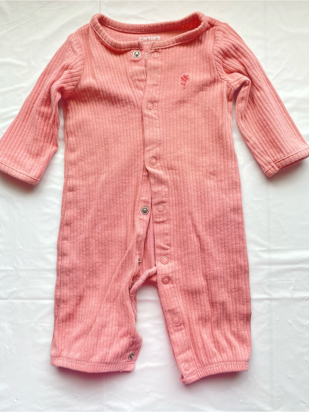 Carter's Baby Girl Coral Ribbed Snap Up Romper Jumpsuit Floral Embroidered 3M